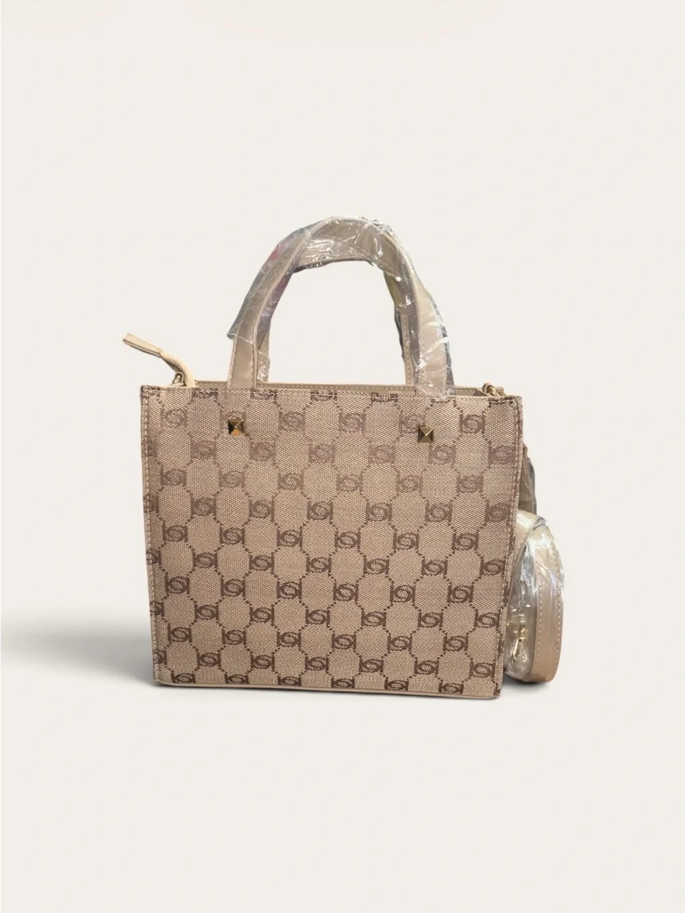 bebe Beige Signature Logo Satchel with Detachable Strap